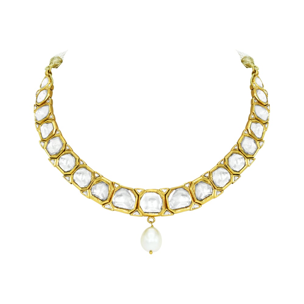 Polki Necklace with Gold Frame and Central Pearl Drop